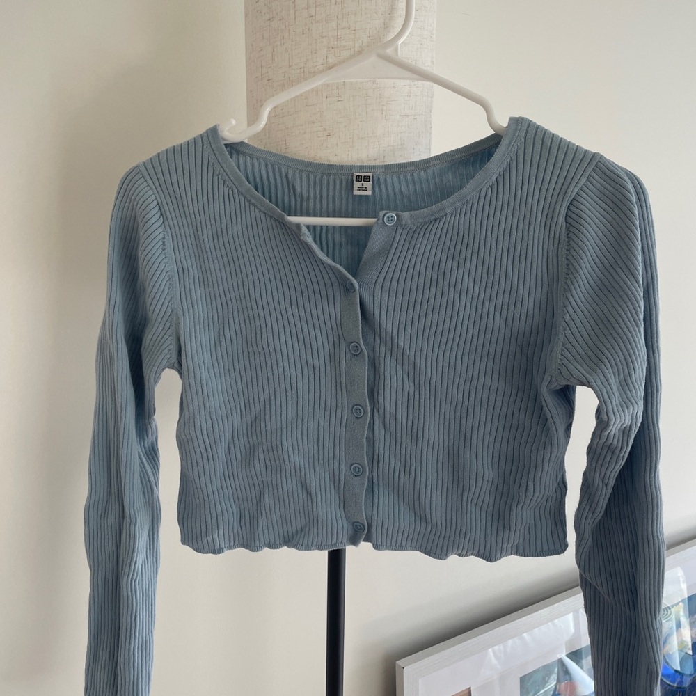 Blue Ribbed Button Cropped Women's Cardigan